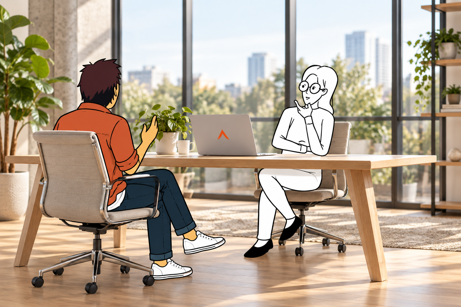 Illustrated colleagues in casual clothing having a coaching conversation in a photorealistic office